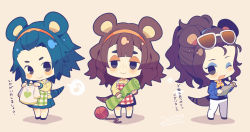 Rule 34 | 3girls, ;d, animal crossing, apron, blouse, blue hair, blue jacket, blue skirt, blush stickers, brown background, brown hair, chibi, closed mouth, commentary request, dated, eighth note, eyewear on head, full body, hairband, hedgehog ears, hedgehog tail, highres, holding, holding clothes, humanization, jacket, label able (animal crossing), mabel able (animal crossing), multiple girls, musical note, nintendo, one eye closed, open mouth, orange hairband, pants, personification, plaid, plaid apron, pleated skirt, ponytail, sable able (animal crossing), shirt, siblings, signature, sisters, skirt, smile, spiked hair, spoken musical note, standing, sunglasses, tail, white pants, yarn, yarn ball, yellow shirt, yumenouchi chiharu