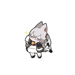 Rule 34 | 1girl, :&lt;, adjusting eyewear, akichi 360, animal ears, black coat, black footwear, blush, cat ears, cat girl, cat tail, chibi, coat, dress, facing viewer, full body, furrowed brow, glasses, glint, grey hair, hair ornament, highres, long hair, long sleeves, nora cat, nora cat channel, one side up, pantyhose, simple background, sleeves past fingers, sleeves past wrists, solo, standing, tail, tail wagging, virtual youtuber, white background, white dress, white pantyhose
