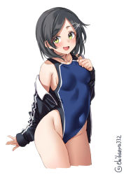 Rule 34 | 1girl, alternate costume, black hair, black one-piece swimsuit, blush, breasts, competition swimsuit, covered navel, cowboy shot, ebifurya, hair ornament, hairclip, highres, jacket, jersey, kantai collection, kuroshio (kancolle), medium breasts, multicolored clothes, multicolored swimsuit, one-piece swimsuit, short hair, simple background, skin tight, smile, sportswear, swimsuit, track jacket, twitter username, white background, yellow eyes