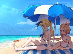 Rule 34 | !, 2girls, :d, absurdres, bangs pinned back, beach, beach towel, beach umbrella, bikini, blonde girl (popopoka), blonde hair, blue bikini, blue eyes, borrowed character, bow, breasts, brown hair, cheese, commentary, crab, english commentary, food, hair bow, hairband, highres, long hair, looking at another, multiple girls, navel, open mouth, original, outdoors, pale skin, ponytail, popopoka, sand, sideboob, sky, small breasts, smile, spoken exclamation mark, surprised, swimsuit, swiss cheese, tan, tanline, towel, umbrella, undressing another