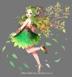 Rule 34 | 1girl, back, bare shoulders, brown eyes, company name, full body, green hair, grey background, gyakushuu no fantasica, horns, leaf, long hair, millgua, official art, open mouth, plant, pointy ears, sheep horns, simple background, solo, vines, wavy hair