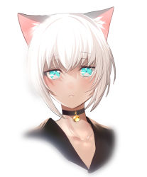 Rule 34 | 1girl, animal ears, aqua eyes, bell, bloom, blush, cat ears, cat girl, collar, collarbone, face, hair between eyes, looking at viewer, neck bell, original, parted lips, short hair, simple background, solo, tsukimoto aoi, white background, white hair