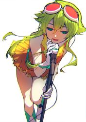 Rule 34 | 1girl, bare shoulders, dress, gloves, goggles, goggles on head, green eyes, green hair, gumi, highres, leaning forward, long hair, matching hair/eyes, microphone, microphone stand, pine (yellowpine112), red-tinted eyewear, short hair with long locks, smile, solo, tinted eyewear, vocaloid, white background, white gloves