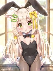 Rule 34 | 1girl, animal ear fluff, animal ears, artist name, black leotard, black pantyhose, blonde hair, blush, bow, bowtie, breasts, cat ears, cat girl, covered navel, detached collar, fake animal ears, gluteal fold, green eyes, groin, hair bow, hair ornament, hairclip, hazakura hinata, highleg, highleg leotard, highres, indoors, leotard, long hair, looking at viewer, open mouth, original, pantyhose, playboy bunny, rabbit ears, ribbon, sitting, small breasts, solo, strapless, strapless leotard, thighs, wrist cuffs