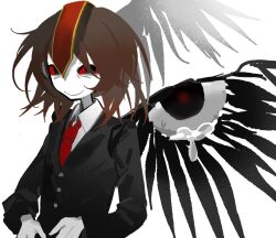 Rule 34 | 1other, androgynous, black eyes, black jacket, black wings, brown hair, closed mouth, collared shirt, colored sclera, colored skin, da kong moshu shi, highres, horror (theme), jacket, kokutenshi hibaru, len&#039;en, long sleeves, medium hair, messy hair, necktie, no nose, other focus, red necktie, red sclera, shirt, simple background, smile, solo, upper body, white background, white shirt, white skin, wing eyes, wings