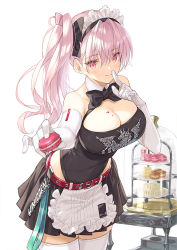 Rule 34 | apron, bad id, bad twitter id, bare shoulders, belt, black leotard, black skirt, bow, bowtie, breasts, cleavage cutout, clothing cutout, commentary, cowboy shot, food, gloves, holding, holding food, large breasts, leaning forward, leotard, leotard under clothes, macaron, maid, maid headdress, miniskirt, original, pink eyes, pink hair, red belt, saitou masatsugu, side ponytail, simple background, skirt, smile, solo, thighhighs, waist apron, white background, white gloves, white thighhighs