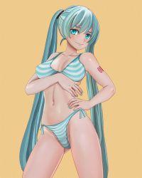 Rule 34 | 1girl, aruman, bare shoulders, bikini, blue bikini, blue eyes, blue hair, blue nails, blush, breasts, closed mouth, collarbone, cowboy shot, crotch seam, female focus, female pubic hair, fingernails, gluteal fold, hair ornament, hand on own hip, hand up, happy, hatsune miku, highres, long hair, looking at viewer, matching hair/eyes, medium breasts, nail polish, navel, number tattoo, pubic hair, pubic hair peek, shiny skin, side-tie bikini bottom, simple background, smile, solo, standing, striped bikini, striped clothes, swimsuit, tattoo, twintails, very long hair, vocaloid, yellow background