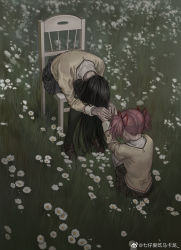 Rule 34 | 2girls, absurdres, akemi homura, black hair, black pantyhose, black skirt, brown footwear, chair, commentary, daisy, flower, from above, full body, grass, hair over face, hair ribbon, highres, holding hands, jacket, jewelry, kaname madoka, leaning forward, loafers, long hair, long sleeves, mahou shoujo madoka magica, mahou shoujo madoka magica (anime), mitakihara school uniform, multiple girls, on chair, on grass, outdoors, pantyhose, pink hair, plaid, plaid skirt, realistic, ribbon, ring, school uniform, shoes, short hair, short twintails, sitting, skirt, squatting, thighhighs, twintails, weibo logo, weibo watermark, white flower, white thighhighs, yellow jacket, yuanqishaonu