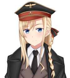 Rule 34 | 1girl, adolf hitler, adolf hitler (cosplay), black coat, black hat, black necktie, blonde hair, blue eyes, braid, closed mouth, coat, commentary, cosplay, dress shirt, english commentary, frown, green ribbon, grey jacket, hair ribbon, hat, high school fleet, highres, insignia, jacket, long hair, looking at viewer, military, military hat, military uniform, necktie, peaked cap, portrait, ribbon, shirt, simple background, single braid, solo, starguard, trench coat, uniform, white background, white shirt, wilhelmina braunschweig ingenohl friedeburg, wing collar
