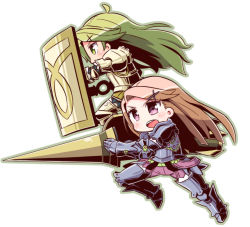 Rule 34 | 2girls, 7th dragon (series), 7th dragon iii, armor, armored boots, blush, boots, breastplate, character request, commentary request, gauntlets, green eyes, green hair, green outline, hair ornament, holding, holding shield, holding weapon, kate (7th dragon), knight (7th dragon), lance, light brown hair, long hair, looking away, multiple girls, naga u, open mouth, outline, pants, polearm, profile, purple eyes, purple pants, shield, teeth, upper teeth only, v-shaped eyebrows, very long hair, weapon, white background, x hair ornament