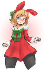 Rule 34 | 1girl, animal ears, arceonn, bare shoulders, bell, black pantyhose, blonde hair, blue eyes, blush, christmas, cowboy shot, cropped legs, detached sleeves, dress, fake animal ears, flat chest, hair bell, hair ornament, hairclip, highres, kagamine rin, pantyhose, rabbit ears, red dress, red skirt, short hair, skirt, solo, vocaloid, wide hips