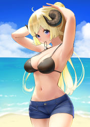 Rule 34 | 1girl, absurdres, animal ears, arms behind head, arms up, bikini, bikini top only, black bikini, blonde hair, blue shorts, blue sky, blush, breasts, cleavage, cloud, commentary request, cowboy shot, day, hair tie in mouth, halterneck, highres, hololive, horns, long hair, looking at viewer, medium breasts, mouth hold, navel, ootsuka you, outdoors, ponytail, purple eyes, sheep ears, sheep girl, sheep horns, short shorts, shorts, sidelocks, sky, solo, standing, stomach, swimsuit, tsunomaki watame, tying hair, very long hair, virtual youtuber