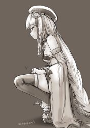 Rule 34 | 1girl, armlet, bare shoulders, beret, blush, braid, breasts, detached sleeves, dress, erune, eyeliner, granblue fantasy, greyscale, hat, highres, long hair, looking at viewer, makeup, monochrome, nosuku, pholia, short eyebrows, side braids, small breasts, smile, solo, squatting, thighhighs, very long hair, wide sleeves