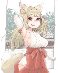 Rule 34 | 1girl, :d, absurdres, animal ears, armpits, blonde hair, blunt bangs, blush, breasts, commentary request, copyright request, elbow gloves, fangs, fox ears, fox tail, gloves, hakama, hakama skirt, hare (tetterutei), high-waist skirt, highres, japanese clothes, large breasts, long hair, looking at viewer, miko, no bra, nose blush, open mouth, outdoors, red eyes, red hakama, shrine, side slit, sideboob, skirt, smile, solo, standing, tail, thick eyebrows, white gloves