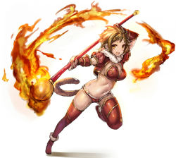 Rule 34 | 1girl, artist request, boots, breasts, brown hair, faa (sennen sensou aigis), fire, full body, holding, holding weapon, looking at viewer, monkey girl, monkey tail, navel, open mouth, polearm, sennen sensou aigis, short hair, short sleeves, solo, tail, thigh boots, thighhighs, weapon