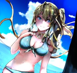 Rule 34 | 1girl, absurdres, bare shoulders, bikini, blue bikini, blue eyes, blue sky, breasts, choker, cleavage, cloud, collarbone, commentary request, daiyousei, fairy wings, front-tie bikini top, front-tie top, green hair, hand on own chest, highres, looking at viewer, marine day, medium breasts, navel, ocean, aged up, outdoors, ponytail, short hair, side ponytail, sky, solo, swimsuit, takena-c, touhou, transparent wings, wings, yellow choker