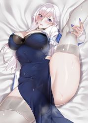 Rule 34 | 1girl, alternate costume, azur lane, bed sheet, belfast (iridescent rosa) (azur lane), blue nails, blush, braid, breasts, china dress, chinese clothes, collar, dress, earrings, french braid, jewelry, jjanda, large breasts, leg up, lips, long hair, looking at viewer, lying, nail polish, on back, parted lips, purple eyes, side braids, silver hair, solo, steaming body, sweat, thighhighs, third-party edit, white thighhighs
