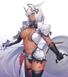 Rule 34 | 1girl, abs, black gloves, black thighhighs, blue eyes, breasts, caenis (fate), dark-skinned female, dark skin, fate/grand order, fate (series), gauntlets, gloves, highres, holding, holding polearm, holding shield, holding weapon, large breasts, long hair, looking at viewer, navel, parted lips, polearm, ranma (kamenrideroz), shield, simple background, single thighhigh, solo, thigh strap, thighhighs, thighs, weapon, white background, white hair