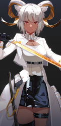 Rule 34 | 1girl, absurdres, animal ears, arknights, black background, black skirt, breasts, carnelian (arknights), cleavage, collared jacket, cowboy shot, cropped jacket, dark-skinned female, dark skin, goat ears, goat girl, goat horns, hand up, highres, holding, holding sword, holding weapon, horns, infection monitor (arknights), jacket, large breasts, long sleeves, looking at viewer, open clothes, open jacket, red eyes, reiji001, shirt, short hair, skirt, smile, solo, sword, thigh strap, thighlet, weapon, white hair, white shirt