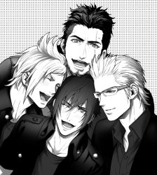 Rule 34 | 4boys, blush, final fantasy, final fantasy xv, gladiolus amicitia, glasses, greyscale, ignis scientia, looking at viewer, male focus, monochrome, multiple boys, noctis lucis caelum, one eye closed, prompto argentum, scar, setsu-st, smile