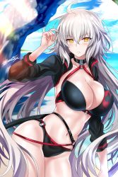 Rule 34 | 1girl, absurdres, bikini, black bikini, black jacket, blush, breasts, choker, cleavage, closed mouth, collarbone, commentary request, fate/grand order, fate (series), highres, jacket, jeanne d&#039;arc alter (swimsuit berserker) (fate), jeanne d&#039;arc (fate), jeanne d&#039;arc alter (fate), jeanne d&#039;arc alter (swimsuit berserker) (fate), large breasts, long hair, looking at viewer, nez-box, o-ring, shrug (clothing), solo, swimsuit, very long hair, yellow eyes