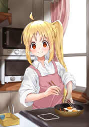 Rule 34 | 1girl, absurdres, ahoge, apron, blonde hair, bocchi the rock!, chopsticks, closed mouth, cooking, cupboard, curtains, fried egg, frying pan, highres, holding, holding chopsticks, holding frying pan, ijichi nijika, indoors, kitchen, light blush, long bangs, long hair, looking at viewer, microwave, pink apron, red eyes, shimizu keitaro, shirt, side ponytail, sleeves rolled up, smile, solo, toaster oven, upper body, white shirt, window shadow