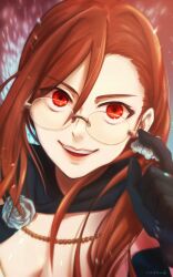 Rule 34 | 1girl, aozaki touko, fate (series), glasses, gloves, highres, looking at viewer, lord el-melloi ii case files, nakamo fate, open mouth, orange hair, portrait, red eyes, solo, type-moon