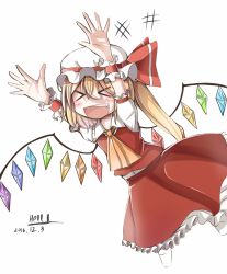 Rule 34 | &gt; &lt;, +++, 1girl, :d, > <, arms up, artist name, ascot, blonde hair, blush, bow, collarbone, cropped legs, dated, fang, flandre scarlet, frilled skirt, frills, hair between eyes, happy, hat, hat bow, hell.k, highres, mob cap, open mouth, puffy short sleeves, puffy sleeves, shirt, short hair, short sleeves, side ponytail, simple background, skirt, skirt set, smile, solo, touhou, white background, white shirt, wings, wrist cuffs, xd, yellow ascot