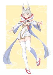 Rule 34 | 1girl, animal ears, blunt bangs, breasts, cat ears, chest jewel, cleavage, facial mark, grey hair, highres, kamidan, nia (blade) (xenoblade), nia (xenoblade), sandals, short hair, small breasts, thighhighs, xenoblade chronicles (series), xenoblade chronicles 3, yellow background, yellow eyes, zouri