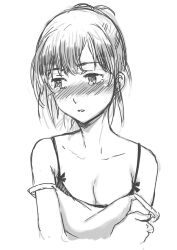 Rule 34 | 1girl, :o, bare shoulders, blush, breasts, cleavage, collarbone, cuvie, full-face blush, greyscale, looking away, monochrome, original, parted lips, short hair, small breasts, solo, strap slip, tears, upper body