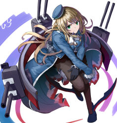 Rule 34 | 1girl, adapted turret, ascot, atago (kancolle), beret, black gloves, black pantyhose, blonde hair, blue footwear, blush, breasts, cannon, fur trim, gegesan, gloves, green eyes, hat, high heels, highres, kantai collection, large breasts, long hair, long sleeves, looking at viewer, machinery, military, military uniform, pantyhose, rigging, signature, smile, smokestack, solo, uniform, white background