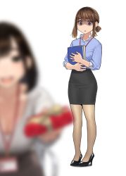 Rule 34 | 2girls, blurry, blurry foreground, brown eyes, brown hair, depth of field, douki-chan (douki-chan), empty eyes, full body, ganbare douki-chan, gloom (expression), high heels, highres, holding, kouhai-chan (douki-chan), multiple girls, office lady, pantyhose, pencil skirt, shaded face, skirt, solo focus, white background, yomu (sgt epper)