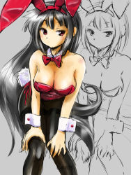 Rule 34 | 1girl, animal ears, bent over, black hair, bow, bowtie, breasts, brown hair, cleavage, detached collar, fake animal ears, large breasts, long hair, maguta, original, pantyhose, playboy bunny, rabbit ears, rabbit tail, red eyes, sketch, solo, tail, wrist cuffs