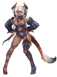 Rule 34 | 1girl, animal ears, ankle lace-up, armor, asymmetrical legwear, barbariank, bare shoulders, breasts, cleavage, cross-laced footwear, dark-skinned female, dark skin, detached collar, detached sleeves, dragon girl, dual wielding, full body, fur, grey hair, highres, holding, horns, jewelry, long hair, looking at viewer, medium breasts, monster girl, multicolored hair, open mouth, orange eyes, original, pendant, pigeon-toed, scales, sheath, solo, sword, tail, thighs, transparent background, two-tone hair, uneven legwear, unsheathing, very long hair, weapon, white hair