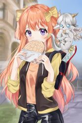Rule 34 | 1girl, absurdres, backpack, bag, blush, bow, commission, creature, eating, floating, food, food in mouth, food on face, hair bow, highres, holding, holding food, hood, hoodie, latex pants, long hair, looking at viewer, orange hair, original, outdoors, purple eyes, solo, suisen (suisenhwa), two side up, very long hair, waffle