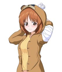 Rule 34 | 1girl, animal costume, bandages, bear costume, blush, boko (girls und panzer), boko (girls und panzer) (cosplay), boko dream, breasts, brown eyes, brown hair, closed mouth, collarbone, cosplay, girls und panzer, highres, hood, hoodie, looking at viewer, medium breasts, nishizumi miho, short hair, sidelocks, simple background, solo, standing, stuffed animal, stuffed toy, teddy bear, white background