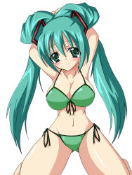 Rule 34 | 1girl, bad anatomy, bad proportions, bikini, breasts, cleavage, front-tie top, green eyes, green hair, hatsune miku, large breasts, long hair, matching hair/eyes, poorly drawn, shimu (kichune), side-tie bikini bottom, solo, swimsuit, twintails, vocaloid