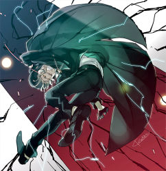 Rule 34 | 1boy, aura, border, cape, collared shirt, edmond dantes (fate), electricity, fate/grand order, fate (series), formal, full body, gloves, green cape, green hat, green jacket, green pants, hat, jacket, kaworu (kaw lov), long sleeves, male focus, open mouth, pants, shirt, shirt tucked in, signature, silver hair, solo, suit, white gloves, white shirt, wing collar, yellow eyes