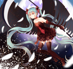 Rule 34 | 1girl, absurdly long hair, aqua hair, bad id, bad pixiv id, black wings, breasts, choker, elbow gloves, full body, garter straps, gloves, green eyes, hatsune miku, highres, lan jue, long hair, scythe, skirt, small breasts, smile, solo, thighhighs, twintails, very long hair, vocaloid, wings