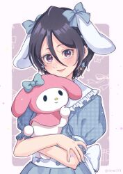 Rule 34 | 1girl, absurdres, animal ears, black hair, bleach, blue bow, blue dress, bow, closed mouth, crossed arms, dress, fake animal ears, hair between eyes, hair bow, highres, holding, holding stuffed toy, kuchiki rukia, long bangs, looking at viewer, my melody, onegai my melody, puffy short sleeves, puffy sleeves, purple eyes, rabbit ears, rinner373, sanrio, short hair, short sleeves, smile, stuffed animal, stuffed rabbit, stuffed toy, toy, twitter username, upper body
