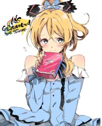 Rule 34 | 10s, 1girl, ayase eli, bad id, bad pixiv id, blonde hair, blue dress, blue eyes, blush, bow, bowtie, box, clothing cutout, dress, flying sweatdrops, holding, holding box, kira-kira sensation!, long sleeves, looking at viewer, love live!, love live! school idol festival, love live! school idol project, mope, ponytail, shoulder cutout, simple background, solo, white background