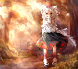 Rule 34 | 1girl, animal ears, ankle wrap, arms behind back, bad id, bad pixiv id, bandages, bare shoulders, covering own mouth, detached sleeves, female focus, forest, full body, geta, hat, high collar, inubashiri momiji, leaf, light, long sleeves, looking at viewer, maple leaf, nature, path, pom pom (clothes), red eyes, road, short hair, skirt, solo, standing, tabi, tail, tokin hat, touhou, vest, white hair, wide sleeves, wind, wolf ears, wolf tail, yudaoshan