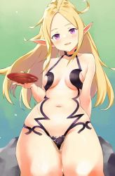 Rule 34 | 1girl, bare shoulders, blonde hair, breasts, cosplay, fate/grand order, fate (series), fire emblem, fire emblem awakening, holding, igni tion, long hair, looking at viewer, navel, nintendo, nowi (fire emblem), open mouth, pointy ears, puddle, purple eyes, shuten douji (fate), shuten douji (fate) (cosplay), sitting, small breasts, solo, thighs, upper body, wakamezake, water