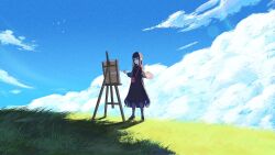 Rule 34 | 1girl, bag, black dress, blue sky, canvas (object), cloud, commentary, dress, easel, full body, glasses, gradient hair, grass, handbag, hat, highres, holding, holding paintbrush, holding palette, hololive, hololive english, ice (10222), medium dress, multicolored hair, ninomae ina&#039;nis, ninomae ina&#039;nis (casual), official alternate costume, orange hair, paintbrush, painting (action), palette (object), purple hair, sky, solo, tentacle hair, virtual youtuber