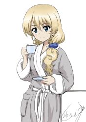 1girl alternate_costume alternate_hairstyle bathrobe blonde_hair blue_eyes bukkuri closed_mouth cup darjeeling_(girls_und_panzer) dated girls_und_panzer hair_down holding holding_cup holding_tray long_hair ponytail side_ponytail smile teacup tray