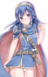 Rule 34 | 1girl, adapted costume, amagami rukichi, badge, belt, blue hair, blush, buckle, cape, fire emblem, fire emblem awakening, lucina (fire emblem), nintendo, panties, pantyshot, popped collar, shoulder pads, simple background, sleeveless, solo, standing, strap, tiara, underwear, white panties