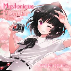 Rule 34 | 1girl, agemono, album cover, black bow, black bowtie, black hair, black skirt, blue sky, bow, bowtie, buttons, camera, cherry blossoms, cloud, collared shirt, cover, day, dutch angle, english text, eyelashes, fingernails, game cg, hand on own head, hat, holding, holding camera, light blush, official art, outdoors, parted lips, petals, red eyes, red hat, ribbon-trimmed shirt, shameimaru aya, shirt, short hair, short sleeves, skirt, sky, smile, solo, sound holic, sunlight, tassel hat ornament, teeth, tokin hat, touhou, touhou cannonball, upper body, white shirt
