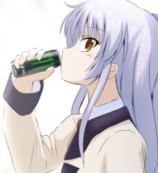 Rule 34 | 1girl, angel beats!, can, close-up, commentary request, drinking, eyes visible through hair, from side, hair between eyes, hand up, holding, holding can, jacket, lelie (lelie link), light blush, long hair, long sleeves, looking at viewer, monster energy, multicolored hair, profile, school uniform, sidelocks, sideways glance, simple background, solo, streaked hair, tenshi (angel beats!), white background, white hair, yellow eyes, yellow jacket