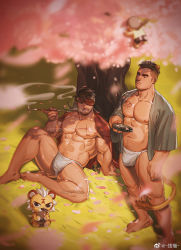 Rule 34 | 2boys, abs, alca (wakatanka4), animal ears, bara, bare pectorals, beard, black hair, borrowed character, bulge, cherry blossoms, commission, creature, facial hair, falling petals, fundoshi, highres, japanese clothes, kimono, large pectorals, lion boy, lion ears, lion tail, male focus, mature male, multiple boys, muscular, muscular male, navel, navel hair, nipples, original, pectorals, petals, pouty lips, red kimono, scar, scar on chest, short hair, sideburns, smoke, smoking, spread legs, stomach, tail, thick eyebrows, thick thighs, thighs, tree, undercut, xian miao