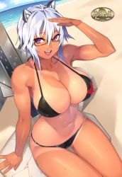 Rule 34 | 1girl, 23 (real xxiii), absurdres, animal ears, anonyma, beach, bikini, black bikini, blue hair, breasts, cat ears, cleavage, cloud, cloudy sky, comitia, commentary request, covered erect nipples, dark-skinned female, dark skin, day, gakuen taisen valkyries, glasses, hair between eyes, highres, huge breasts, large breasts, looking at viewer, navel, o-ring, o-ring bikini, ocean, one-piece tan, open mouth, outdoors, purple eyes, red star, salute, short hair, skindentation, sky, smile, solo, star (symbol), swimsuit, tan, tanline, teeth